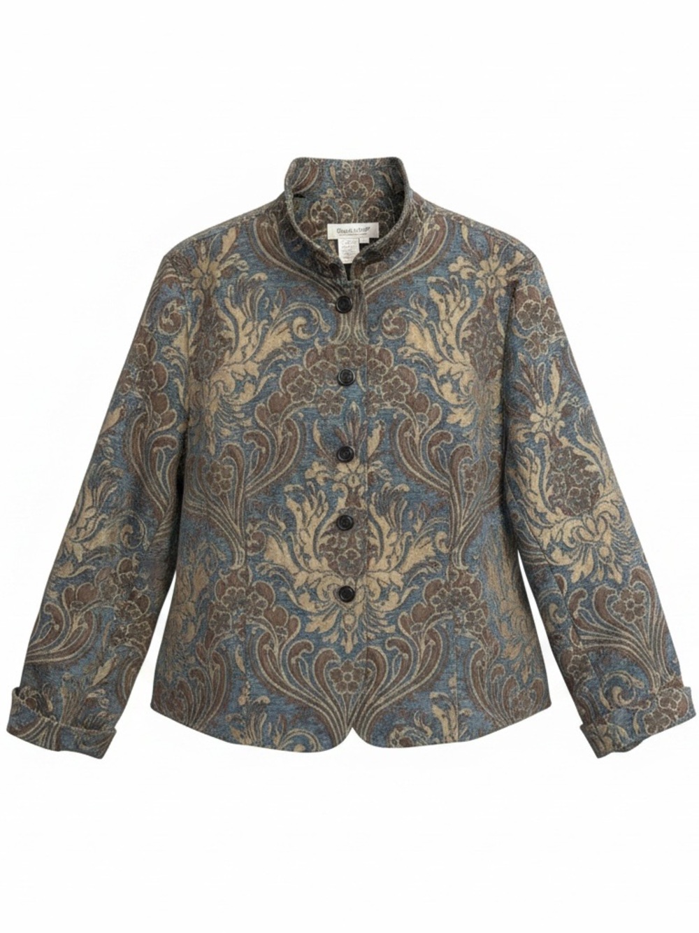 Coldwater Creek Blue & Gold Damask Patterned Blazer Jacket Size XL